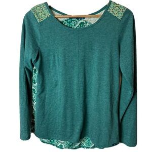 prAna Harbor Blue Arabesque Panel Jivani Wool-Blend Top Size Small Long Sleeve
